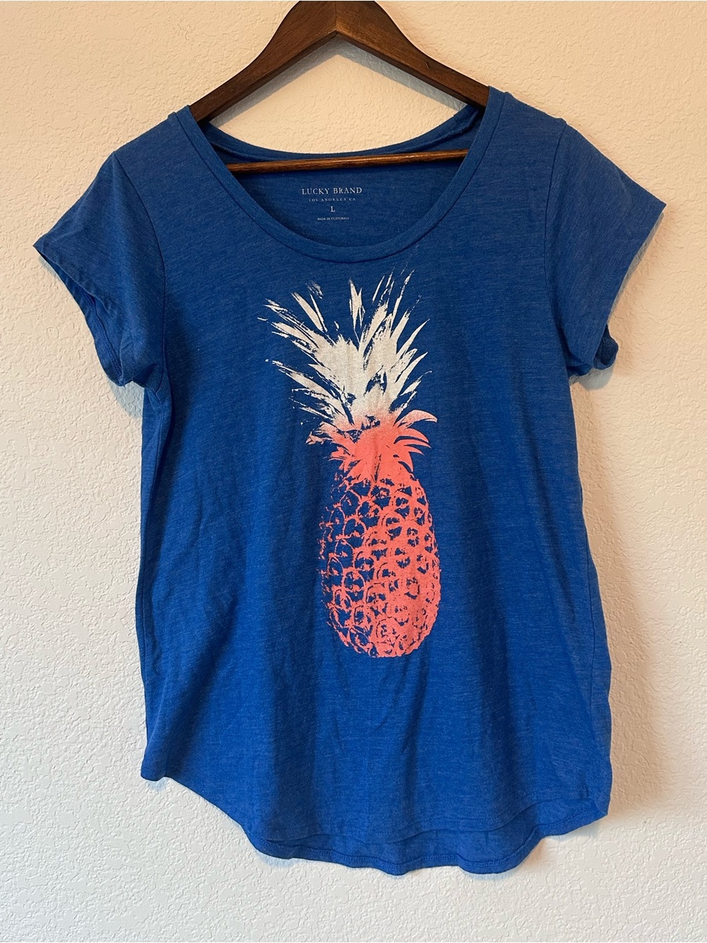 Lucky Brand Blue Tee with Coral & White Pineapple Graphic